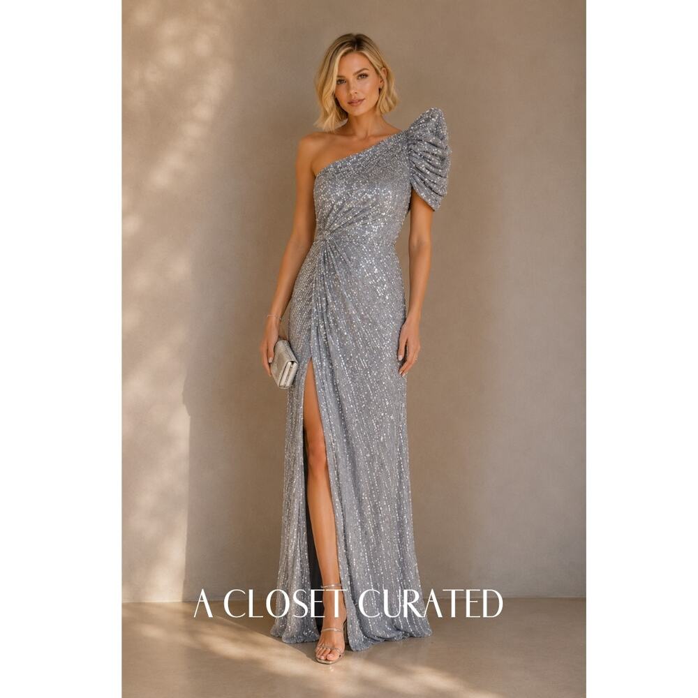 Mac Duggal Embellished Puff One Shoulder Gown 2 Silver NWT Style 5622